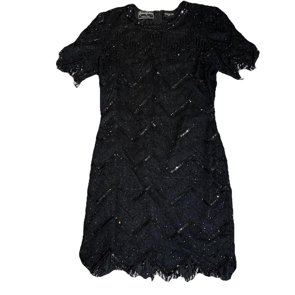 Vintage Robert Anthony Black Beaded Dress Sz 6 100% Silk Cocktail Formal